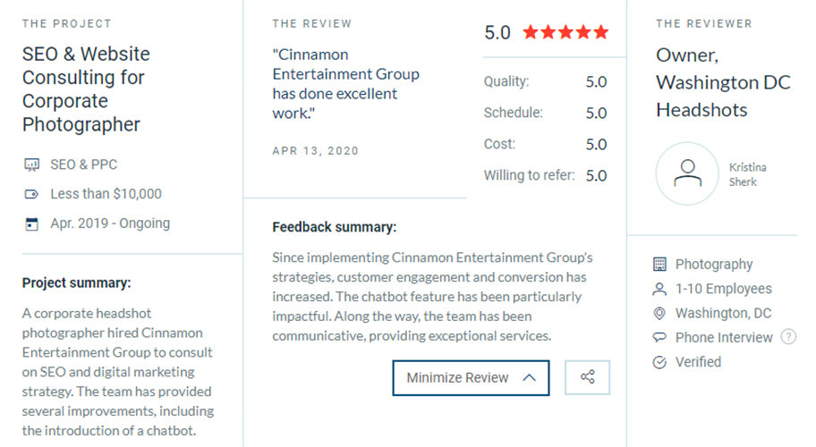 WashingtonDCHeadshots Client Review - Cinnamon Entertainment Group LLC - SEO Photography