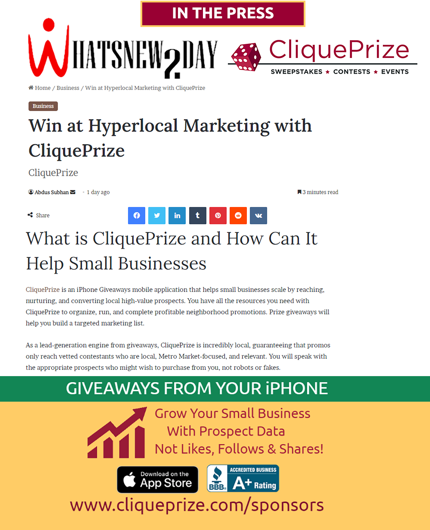 WhatsNew2Day: Win at Hyperlocal Marketing with CliquePrize